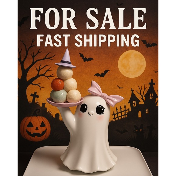 The Unbranded Brand Other - Whimsical Ghost Figurine with Ice Cream & Witch Hat Halloween Tabletop Decor